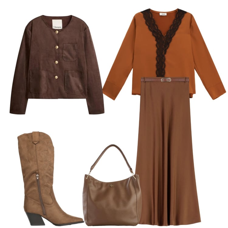 Outfit donna - Total look #2368292. Stile Chic per Serata fuori. Abbinamento con borse a tracolla, blazer, stivali, gonne lunghe, bluse.