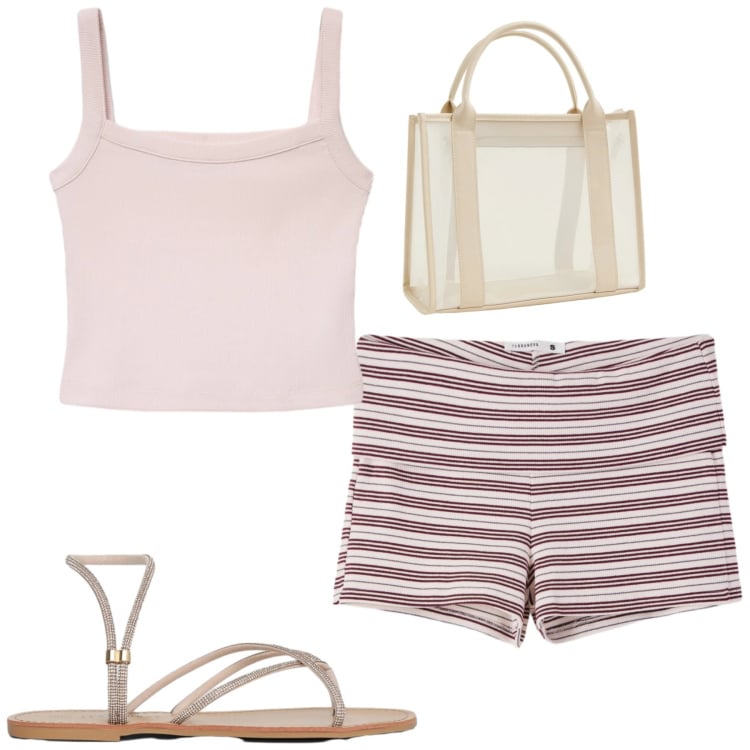 Outfit donna - Mare. Stile Casual per Mare. Abbinamento con shorts, borse tote, sandali, canottiere.