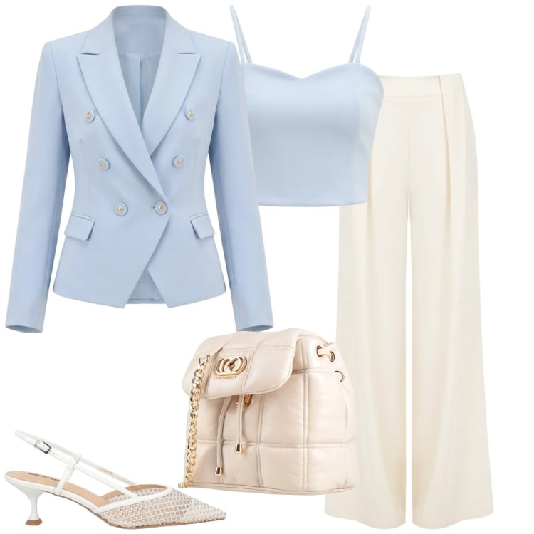 Outfit donna - Marzo. Stile Chic per Serata fuori. Abbinamento con valigie, décolleté, pantaloni a palazzo, blazer, top.
