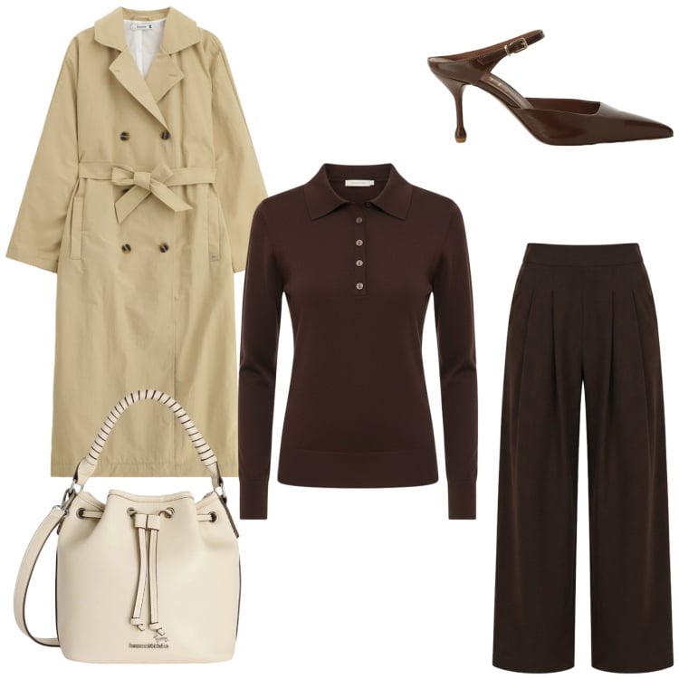 Outfit donna - Outfit primaverile. Stile Chic per Tutti i giorni. Abbinamento con borse a secchiello, trench, pantaloni a palazzo, polo, décolleté.