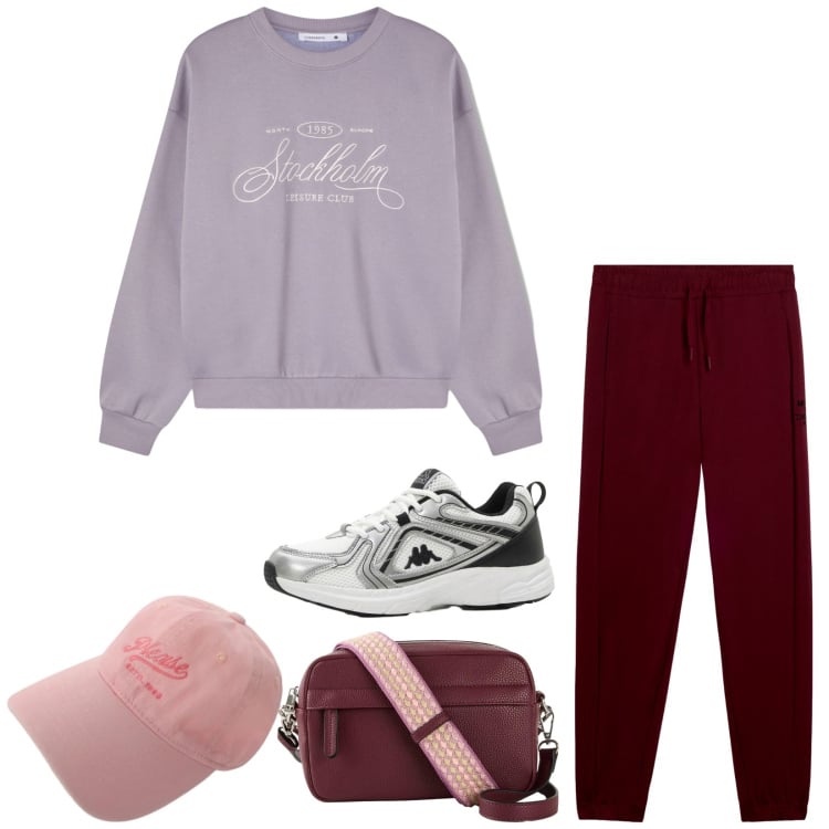 Outfit donna - Total look #2368320. Stile Sporty chic per Tutti i giorni. Abbinamento con borse a tracolla, sneakers, felpe, cappelli, pantaloni.