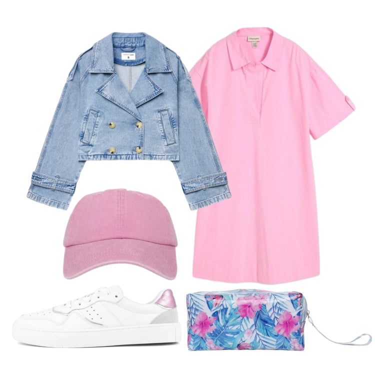 Outfit donna - Energia tutta (al) rosa. Stile Sporty chic per Tutti i giorni. look ideale per Petite. Abbinamento con vestiti chemisier, valigie, caban, cappelli con visiera, sneakers.