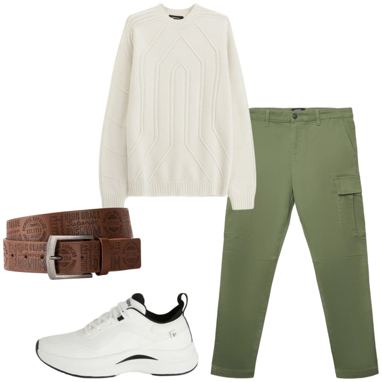 Outfit uomo - Total look #2368323. Stile Casual per Tutti i giorni. Abbinamento con cinture, pantaloni cargo, pullovers, sneakers.