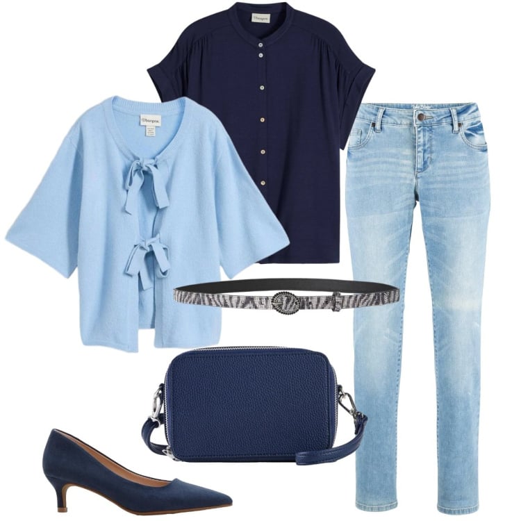 Outfit donna - Total look #2368324. Stile Casual chic per Tutti i giorni. Abbinamento con cardigans, jeans dritti, camicie, décolleté, borse a tracolla, cinture.