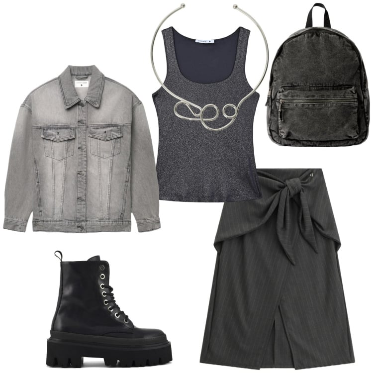 Outfit donna - City. Stile Urban per Tutti i giorni. Abbinamento con top, zaini, cappotti, collane, gonne longuette, anfibi.