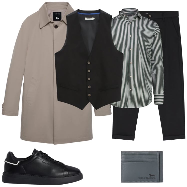 Outfit uomo - L\'Eleganza del Trench in Primavera. Stile Casual per Ufficio. Abbinamento con sneakers, portafogli, gilet, pantaloni chino, trench, camicie.