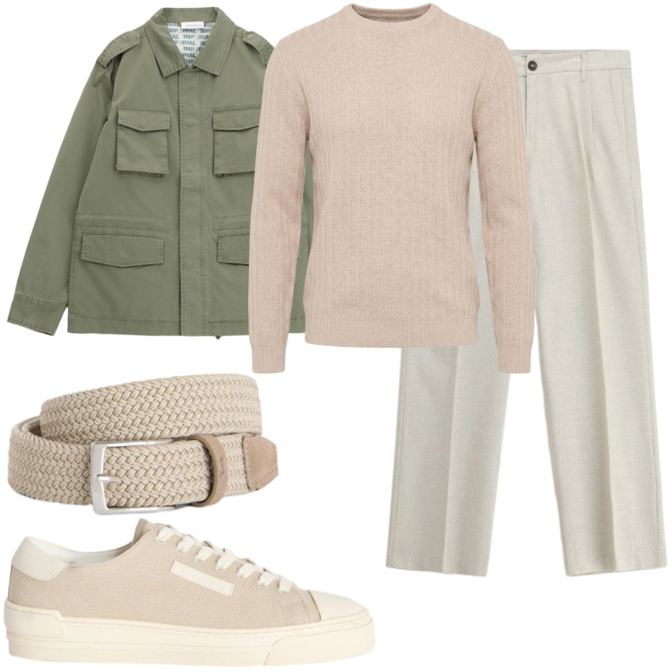 Outfit uomo - Texture di Primavera e Toni Naturali. Stile Casual per Tutti i giorni. Abbinamento con cinture, sneakers, pullovers, cappotti, pantaloni.