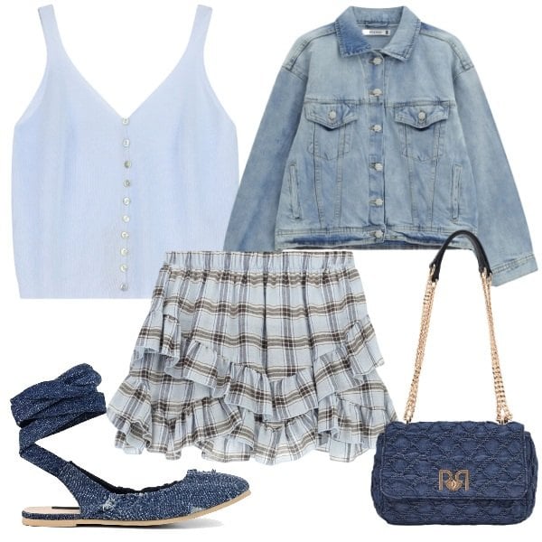 Outfit donna - Sbarazzina Denim. Stile Trendy per Tutti i giorni. Abbinamento con blazer, borse a spalla, top, minigonne, ballerine.