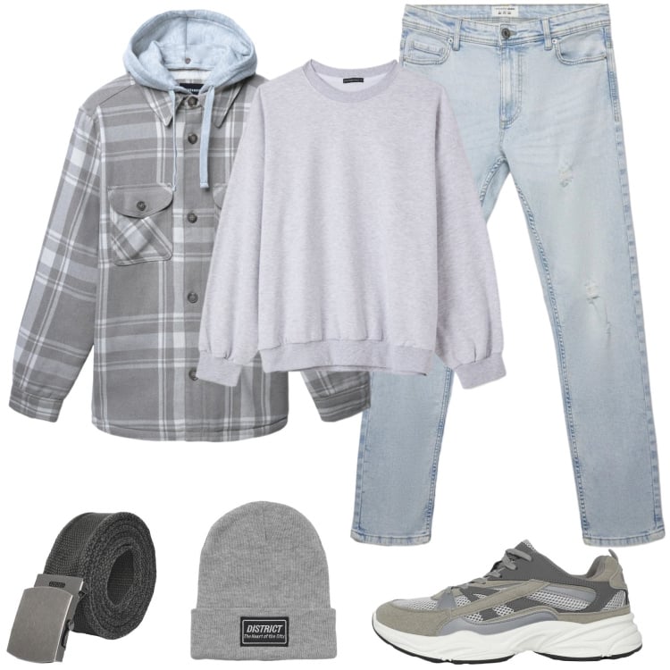 Outfit uomo - Urban Grey: Spirito di Transizione. Stile Urban per Tutti i giorni. Abbinamento con sneakers, cinture, berretti, cappotti, jeans strappati, felpe.