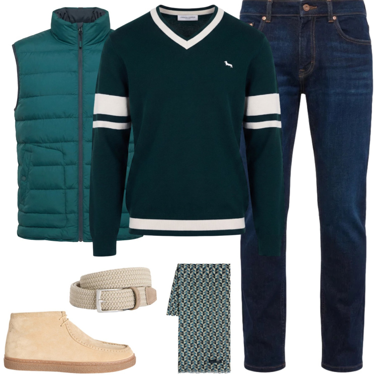 Outfit uomo - Transizione Dinamica in Verde. Stile Casual per Tutti i giorni. Abbinamento con cinture, sciarpe, jeans, pullovers, stivali e stivaletti, piumini.