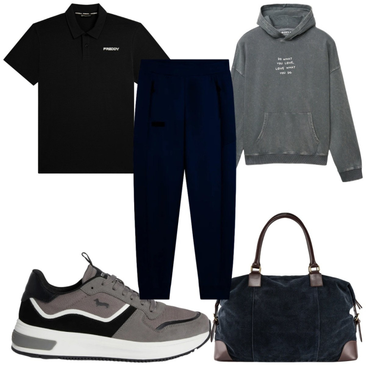 Outfit uomo - Total look #2368405. Stile Trendy per Tutti i giorni. Abbinamento con sneakers, pantaloni, polo, borse sportive, felpe con cappuccio.