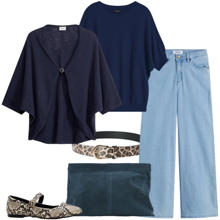 Outfit donna - Le ballerine pitonate. Stile Casual chic per Tutti i giorni. Abbinamento con cardigans, maglieria, jeans, ballerine, cinture, pochette.