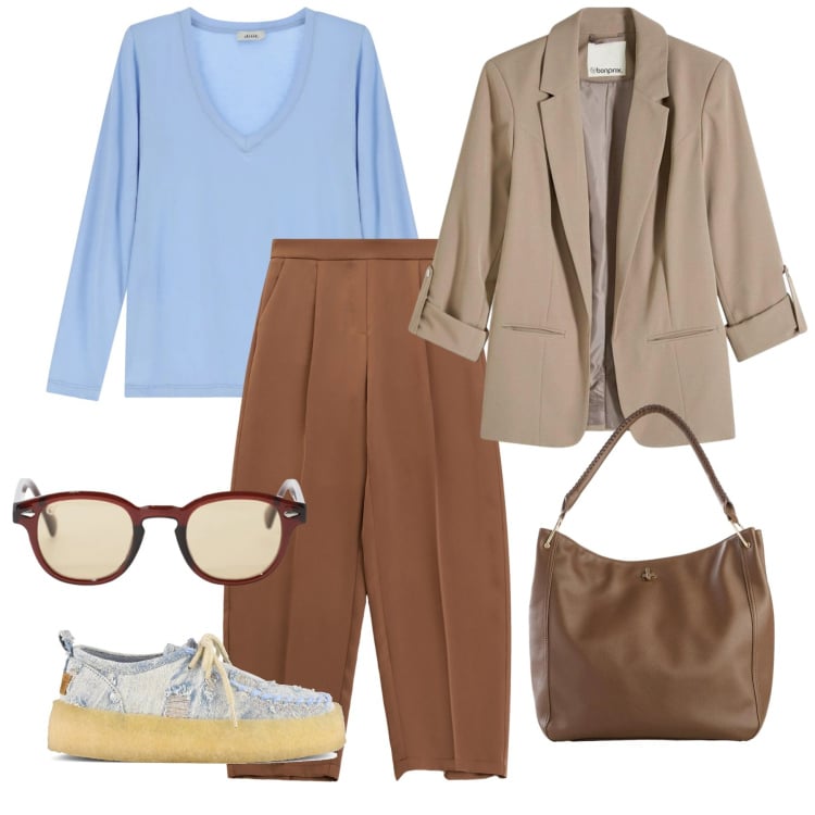 Outfit donna - Basic di classe. Stile Basic per Tutti i giorni. Abbinamento con blazer, borse a tracolla, pantaloni, occhiali da sole, t-shirt, scarpe stringate.