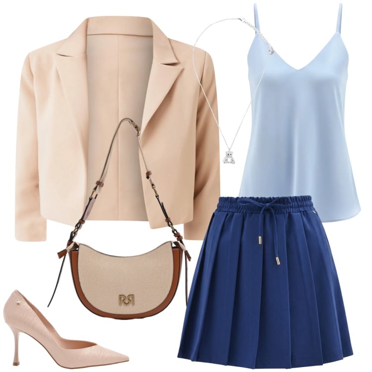 Outfit donna - Eleganza Pastello. Stile Glamour per Tutti i giorni. Abbinamento con blazer, borse a tracolla, décolleté, canottiere, minigonne, ciondoli.