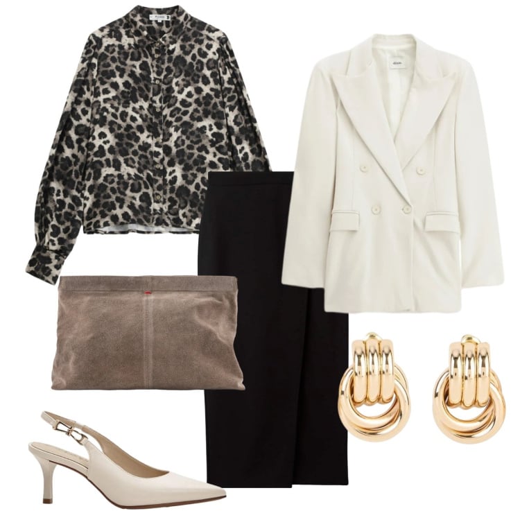 Outfit donna - Chic. Stile Chic per Tutti i giorni. Abbinamento con décolleté, orecchini, gonne longuette, camicie, blazer, pochette.