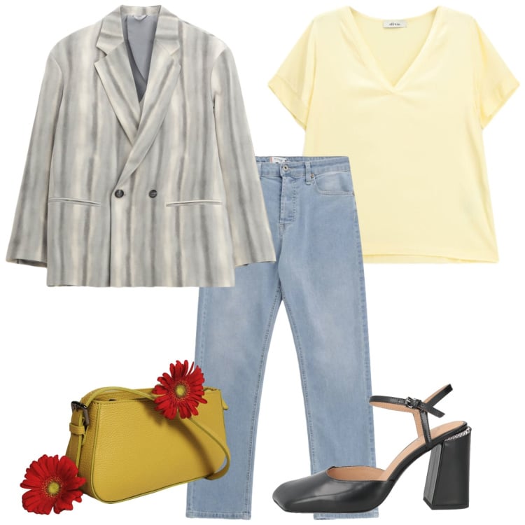 Outfit donna - Mattinata soleggiata. Stile Bon Ton per Tutti i giorni. Abbinamento con décolleté, jeans, blazer, t-shirt, borse a spalla.