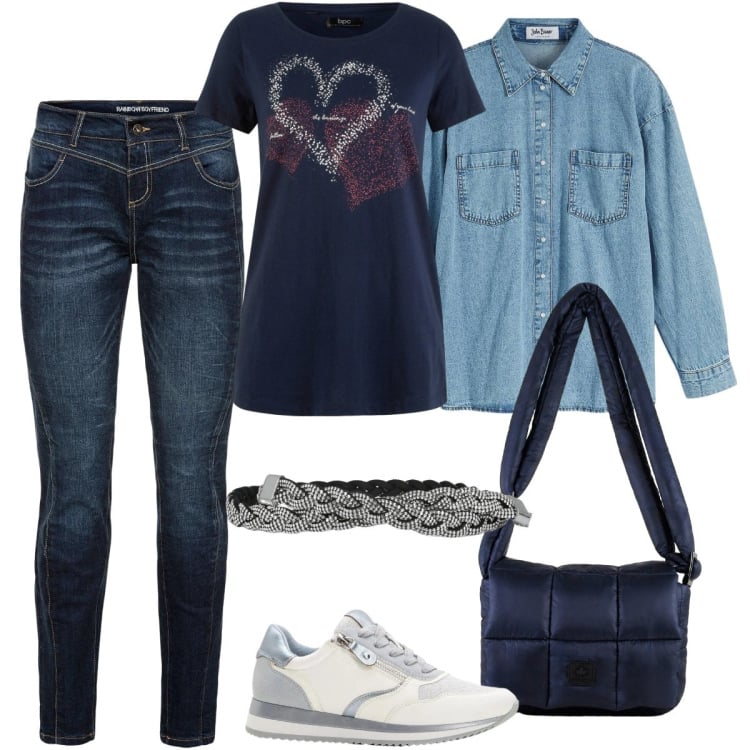 Outfit donna - Total look #2368427. Stile Casual chic per Tutti i giorni. Abbinamento con camicie, jeans dritti, t-shirt, sneakers, cinture, borse a spalla.