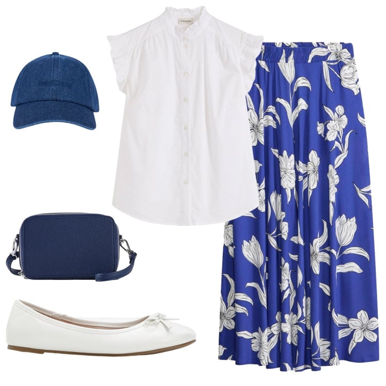 Outfit donna - Passeggiata Francese. Stile Romantica per Tutti i giorni. Abbinamento con gonne lunghe, ballerine, bluse, borse a tracolla, cappelli con visiera.