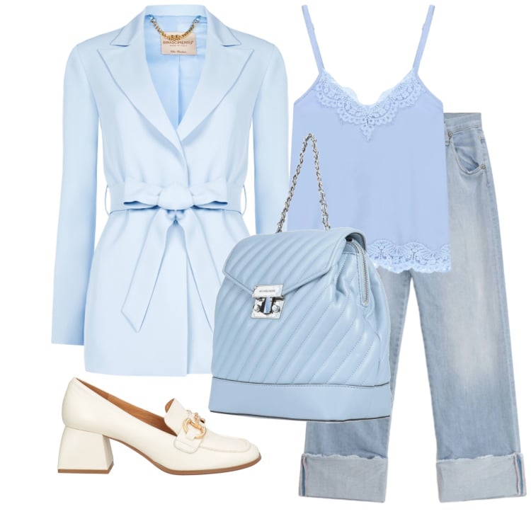 Outfit donna - Total look #2368430. Stile Chic per Tutti i giorni. Abbinamento con zaini, mocassini, blazer, top, jeans dritti.