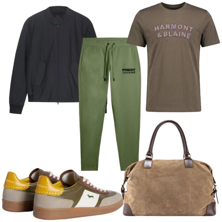 Outfit uomo - Total look #2368432. Stile Casual per Tutti i giorni. Abbinamento con sneakers, t-shirt, pantaloni, borse sportive, bomber.