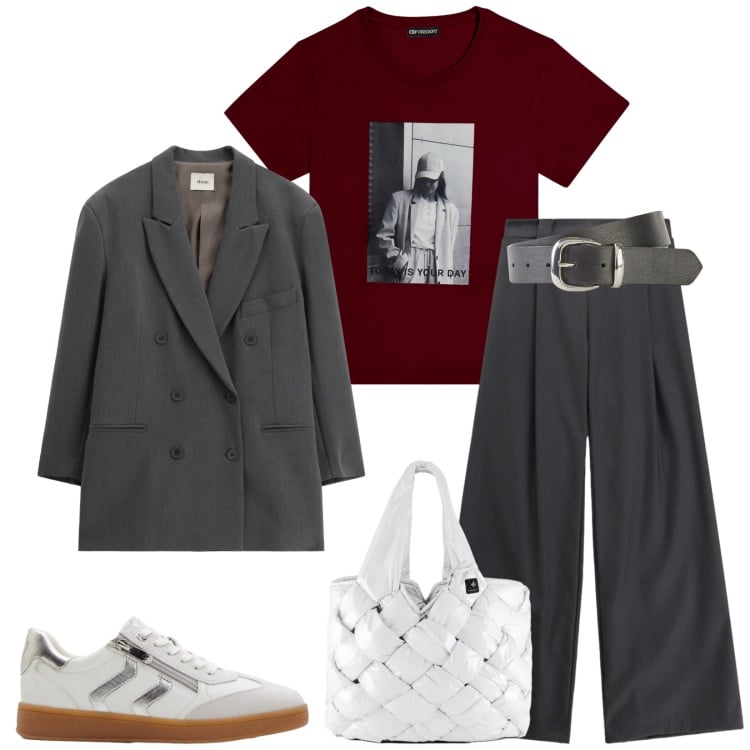 Outfit donna - Comoda in città. Stile Urban per Tutti i giorni. Abbinamento con cinture, sneakers, borse tote, blazer, pantaloni a palazzo, t-shirt.