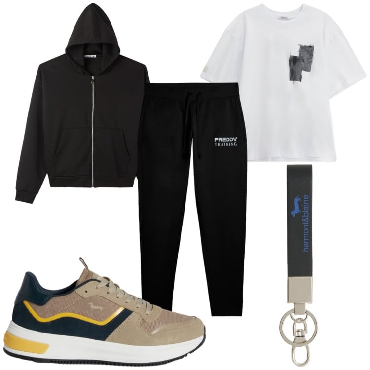 Outfit uomo - Total look #2368441. Stile Trendy per Sport. Abbinamento con portachiavi, sneakers, t-shirt, pantaloni, felpe con cappuccio.