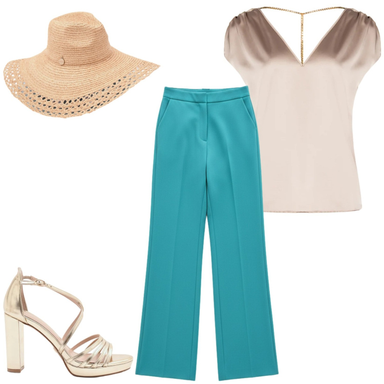 Outfit donna - Pastello. Stile Chic per Cerimonia. Abbinamento con sandali col tacco, cappelli, top, pantaloni a palazzo.