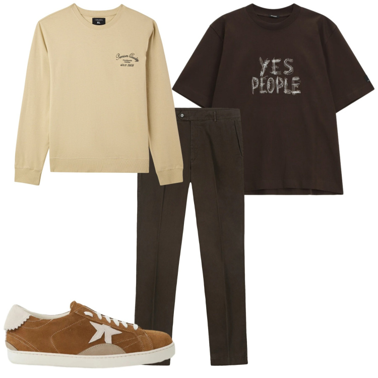 Outfit uomo - Moro e beige. Stile Casual per Tutti i giorni. Abbinamento con felpe, t-shirt, sneakers, pantaloni chino.