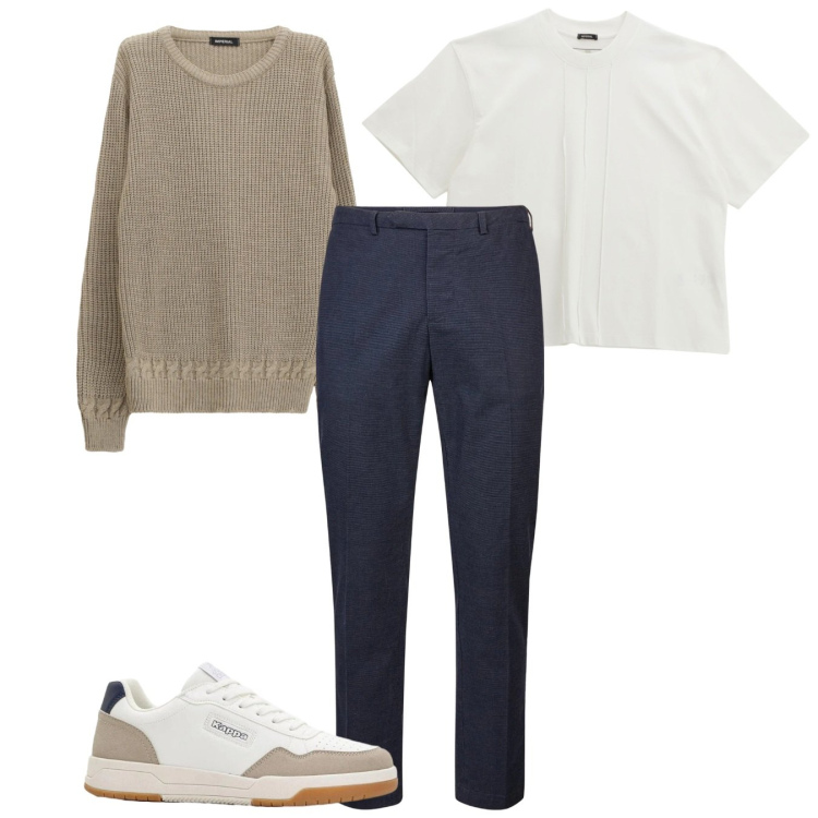Outfit uomo - Easy mood. Stile Casual per Tutti i giorni. Abbinamento con sneakers, t-shirt, maglieria, pantaloni.