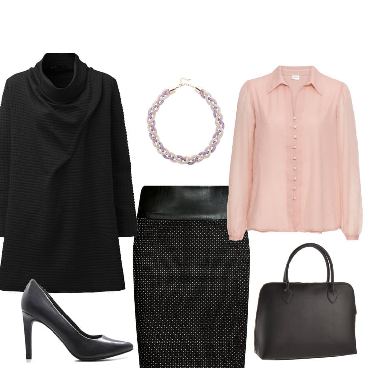Outfit donna - Rosa low cost. per Ufficio. Abbinamento con gonna a matita con zip in ecopelle aderente nero, vestito, camicetta a pois, décolleté con tacco spillo nero, borsa a tracolla con zip tinta unita nero, collana viola.
