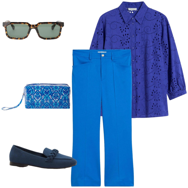 Outfit donna - Blu Abisso. Stile Casual chic per Tutti i giorni. Abbinamento con camicie, mocassini, pantaloni, occhiali da sole, pochette.