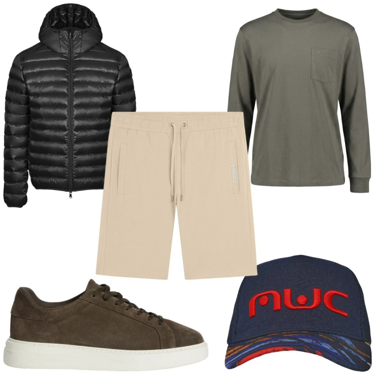 Outfit uomo - Total look #2368477. Stile Trendy per Tutti i giorni. Abbinamento con t-shirt, sneakers, pantaloni corti, bomber, cappelli con visiera.