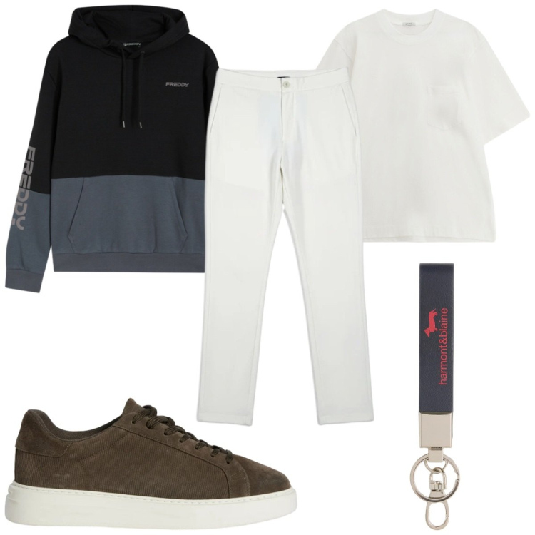 Outfit uomo - Total look #2368478. Stile Casual per Tutti i giorni. Abbinamento con portachiavi, sneakers, t-shirt, felpe con cappuccio, pantaloni.
