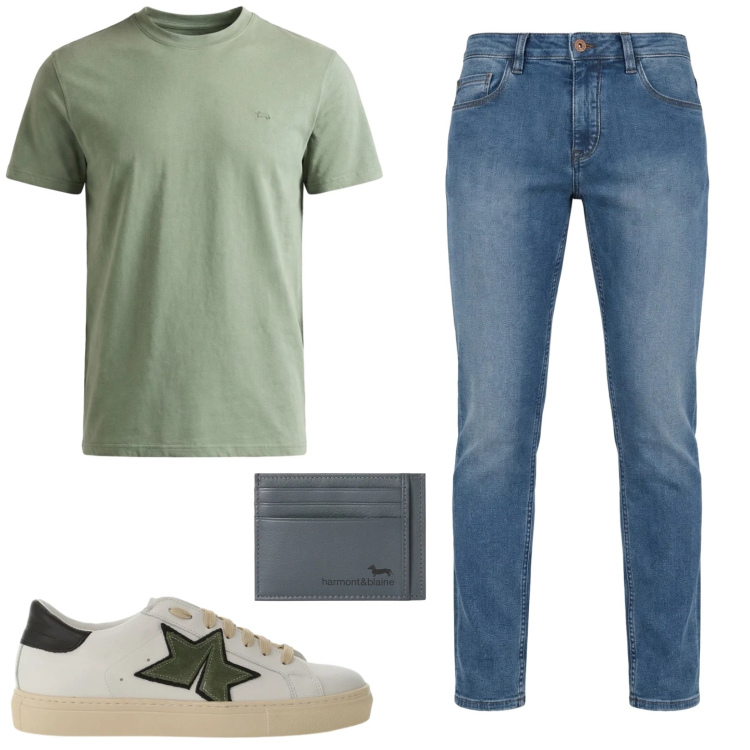 Outfit uomo - Latte-Menta. Stile Casual per Tutti i giorni. Abbinamento con t-shirt, jeans, portafogli, sneakers.