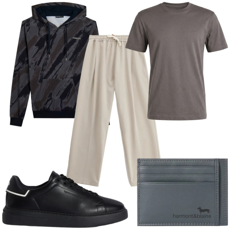 Outfit uomo - Total look #2368481. Stile Casual per Tutti i giorni. Abbinamento con pantaloni, sneakers, portafogli, t-shirt, felpe con cappuccio.