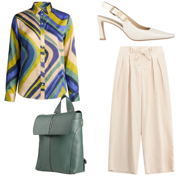 Outfit donna - Fantasie urbane. Stile Chic per Tutti i giorni. Abbinamento con décolleté, zaini, camicie, pantaloni a palazzo.