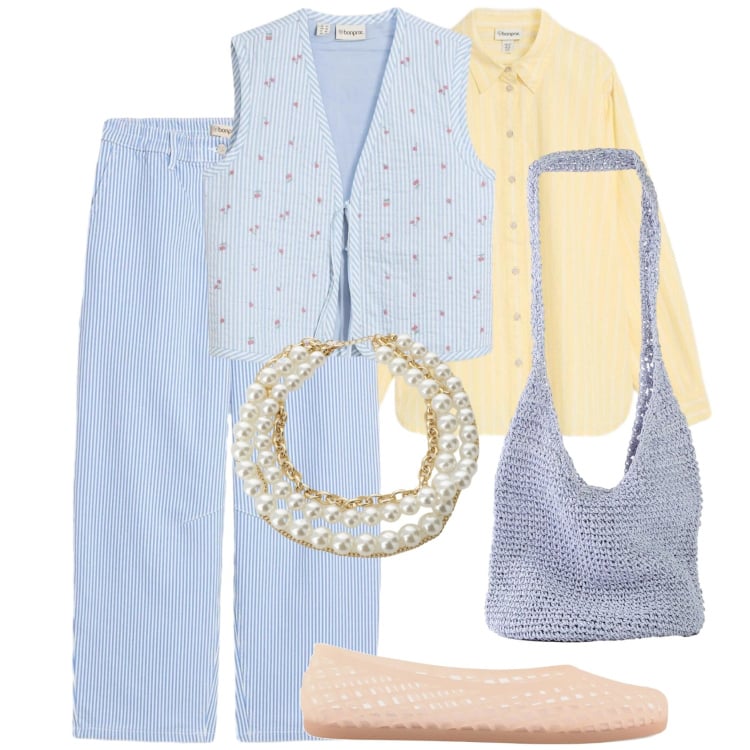 Outfit donna - Romantico primaverile. Stile Romantica per Tutti i giorni. Abbinamento con gilet, shopping bag, camicie, pantaloni, collane, ballerine.