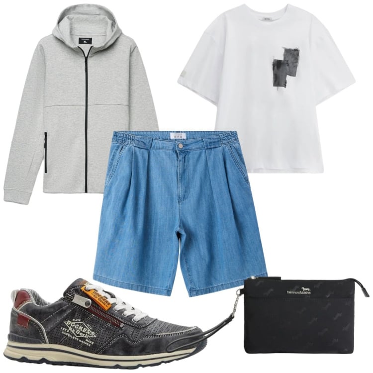 Outfit uomo - Total look #2368489. Stile Trendy per Tutti i giorni. Abbinamento con sneakers, borse sportive, t-shirt, shorts, felpe con cappuccio.