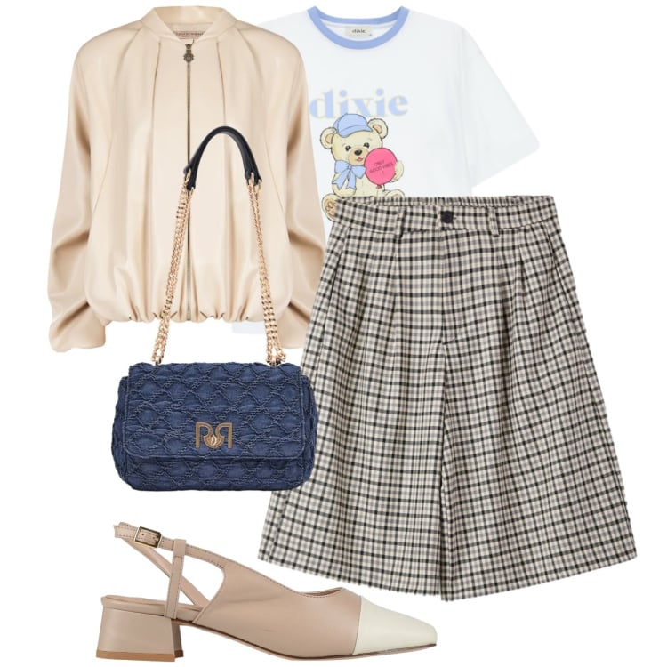 Outfit donna - Weekend di primavera. Stile Glamour per Tutti i giorni. Abbinamento con décolleté, bermuda, bomber, borse a spalla, t-shirt.