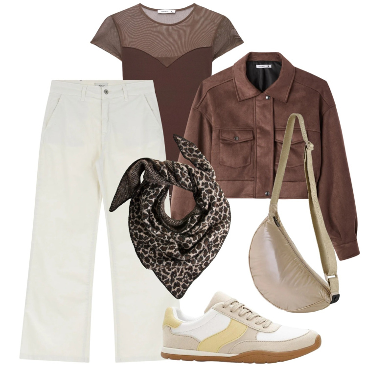 Outfit donna - Weekend di primavera. Stile Casual chic per Tutti i giorni. Abbinamento con sciarpe, sneakers, jeans, borse a tracolla, top, bomber.