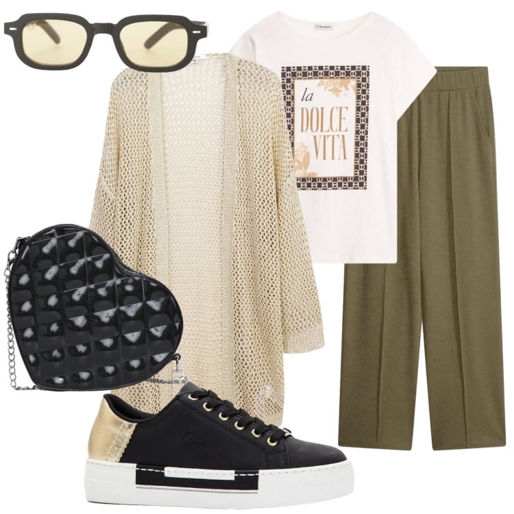 Outfit donna - Curvy style in ufficio. Stile Casual chic per Ufficio. Abbinamento con t-shirt, pantaloni, sneakers, kimono, borse a tracolla, occhiali da sole.