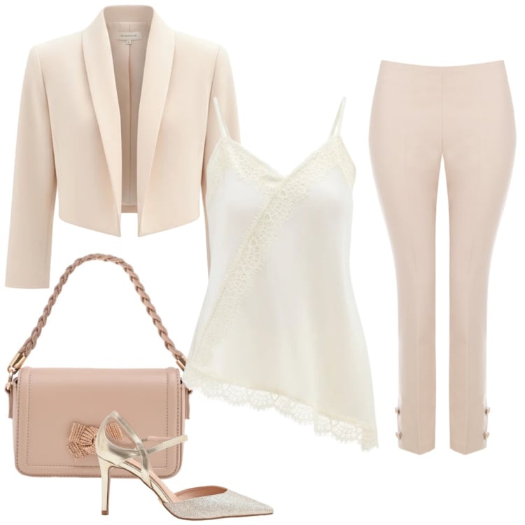 Outfit donna - Incanto Color Cipria & Seta. Stile Glamour per Cerimonia. Abbinamento con pochette, décolleté, pantaloni, bolero, canottiere.