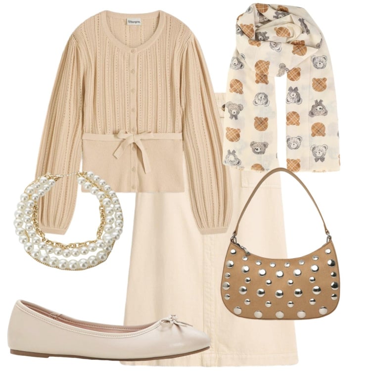 Outfit donna - Curvy style in beige. Stile Urban per Ufficio. Abbinamento con gonne longuette, maglieria, ballerine, borse a tracolla, foulard, collane.