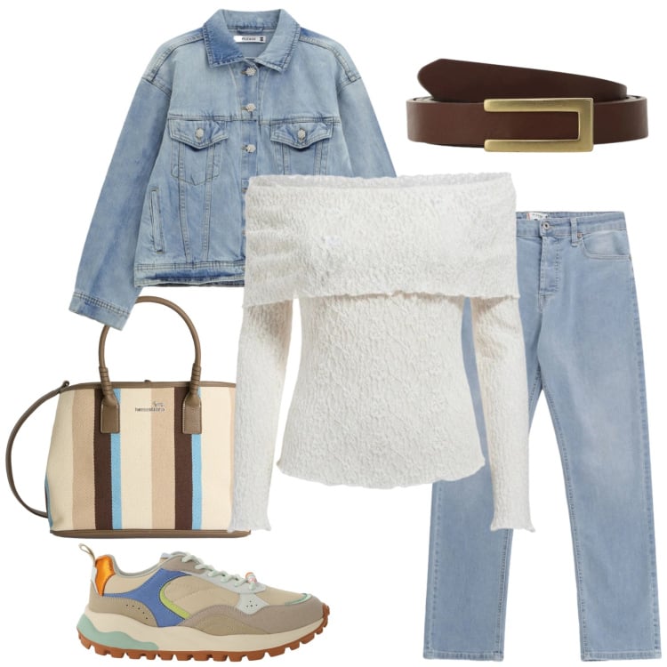Outfit donna - Denim Romance. Stile Casual chic per Tutti i giorni. Abbinamento con shopping bag, jeans, blazer, bluse, sneakers, cinture.