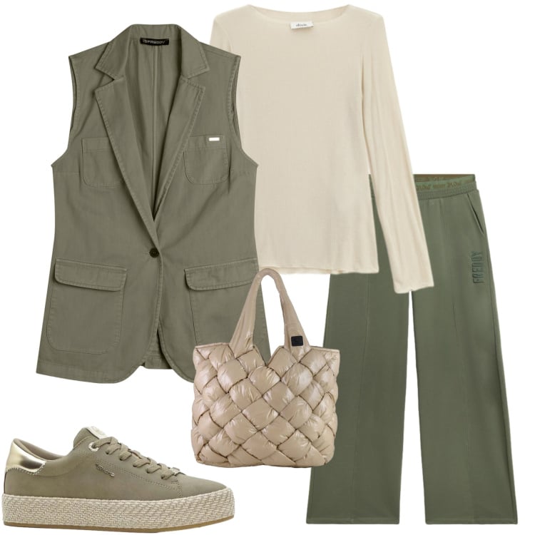 Outfit donna - Gilet verde militare. Stile Casual chic per Tutti i giorni. Abbinamento con sneakers, borse tote, t-shirt, pantaloni, gilet.