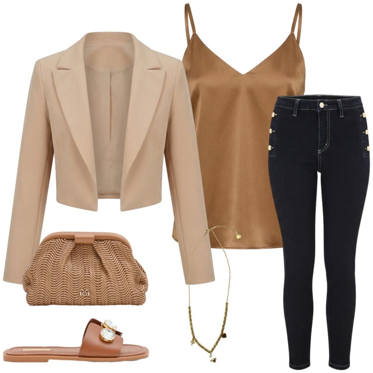 Outfit donna - Golden Hour Elegance. Stile Glamour per Tutti i giorni. Abbinamento con pochette, sandali gioiello, bolero, canottiere, jeans skinny, ciondoli.