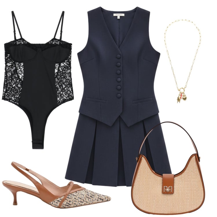 Outfit donna - Midnight Tailoring & Lace. Stile Glamour per Tutti i giorni. Abbinamento con borse a spalla, décolleté, vestiti corti, body, ciondoli.