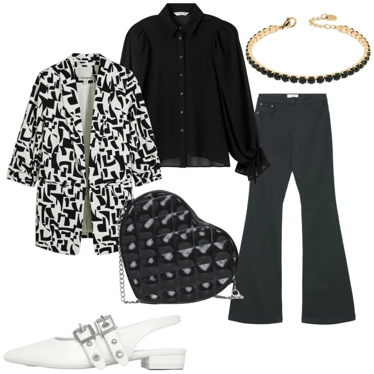 Outfit donna - Total look #2368519. Stile Casual chic per Ufficio. Abbinamento con blazer, braccialetti, borse a tracolla, ballerine, jeans a zampa, camicie.