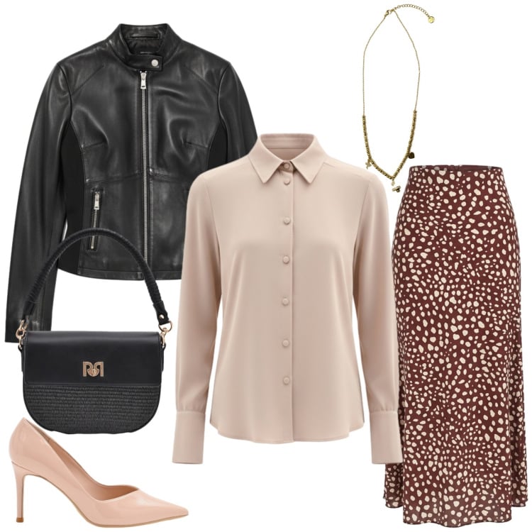 Outfit donna - Urban Wild & Silk. Stile Casual chic per Tutti i giorni. Abbinamento con camicie, borse a spalla, décolleté, giacche, gonne lunghe, ciondoli.