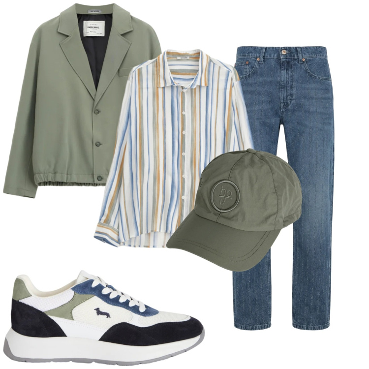 Outfit uomo - Leggero. Stile Casual per Tutti i giorni. Abbinamento con sneakers, jeans, cappelli, camicie, giacche.